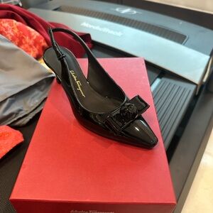 Salvatore Ferragamo Black Patent Leather Slingback Heels